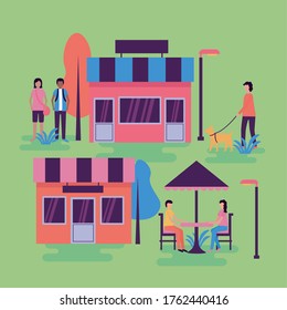 stores and people at park design of Shop supermarket and market theme Vector illustration