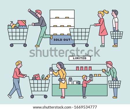 In stores, people are stocking up for disaster. flat design style minimal vector illustration.