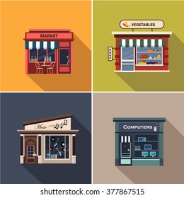 Stores and Shop Facades. Flat Vector Illustration Collection