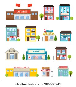 Stores and shops buildings icons set isolated on white background, vector illustration