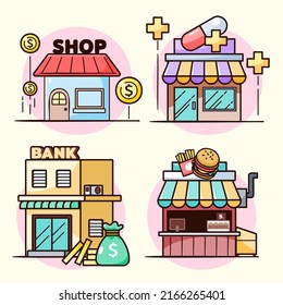 Tiendas y tiendas de fachadas de ícono ambientado con cambistas de dinero, farmacias, bancos, hamburguesas. ilustración vectorial 