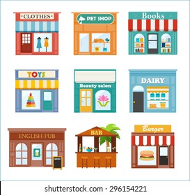 Stores and shops icons set with clothes, pet, books, dairy, toys shop, beauty salon,  English pub, beach bar, burger restaurant, vector illustration