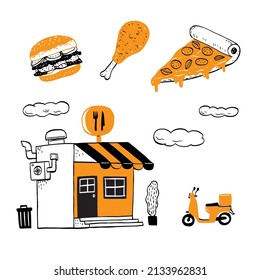 Stores and shops with shop, pizza, burger restaurant, Hand drawn vector illustration