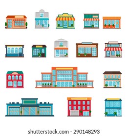 Stores and supermarkets big and small buildings icons set flat isolated vector illustration 