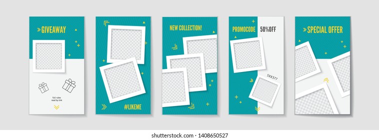 Storie template with instant photo frames trendy cover design for social media, flyers, card