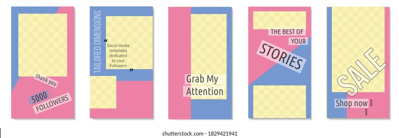 Stories backgrounds: set of five 1080x1920px (stories tailored dimension), modern, creative, editable social media templates. Also usable for any kind of banner, flyer, brochure design.
