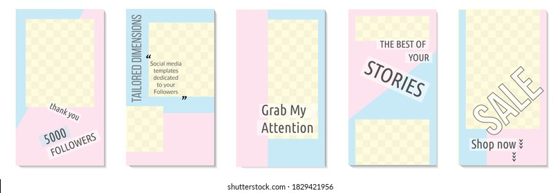 Stories backgrounds: set of five 1080x1920px (stories tailored dimension), modern, creative, editable social media templates. Also usable for any kind of banner, flyer, brochure design.
