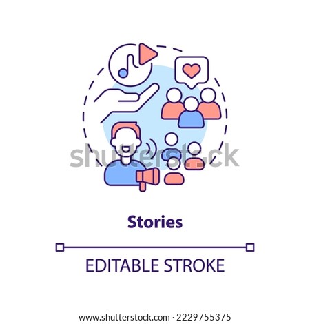 Stories concept icon. Live streaming. Online streamer. Popular podcast types abstract idea thin line illustration. Isolated outline drawing. Editable stroke. Arial, Myriad Pro-Bold fonts used