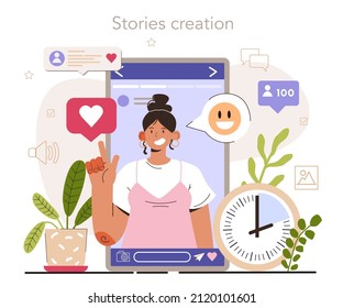 Stories creation. Content strategy development. Social media content manager guidance. How create visual content. Digital promotion technology. Flat vector illustration