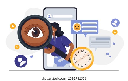 Stories creation content. Woman with magnifying glass on smartphone screen. Promotion in social networks and messengers. Influencer and popular blogger. Flat vector illustration
