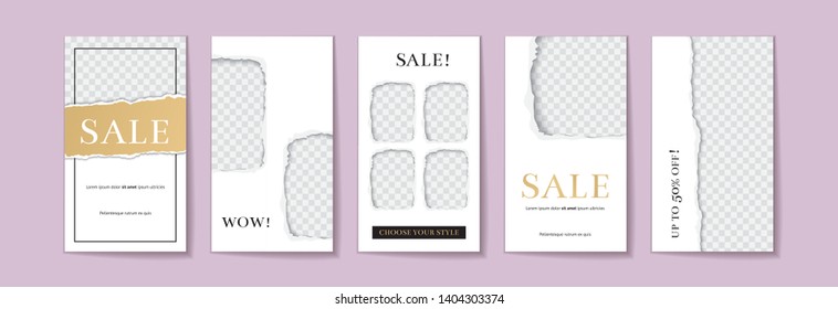 Stories fashion brand sale banner vector template set with torn paper space for text and photo