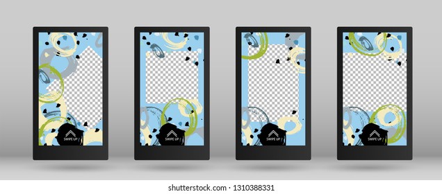 Stories Mockup made with Brush Stroke. Vector Illustration. Set of Colorful Frames for Your Content. Giveaway Concept Design. Template for Social Network Stories.