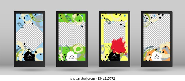 Stories Mockup made with Brush Stroke. Set of Colorful Frames for Your Content. Vector Illustration. Streaming Concept Design. Template for Social Network Stories.