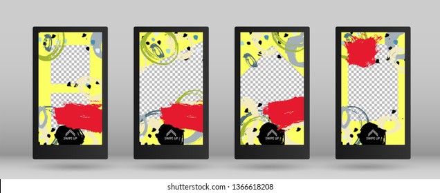 Stories Mockup made with Brush Stroke. Vector Illustration. Set of Colorful Frames for Your Content. Streaming Concept Design. Template for Social Network Stories.