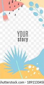 Stories modern editable template. Tropical botanical frame, palm leaves with copy space on transparent layer for social media posts, vertical minimal design background, vector cartoon illustration