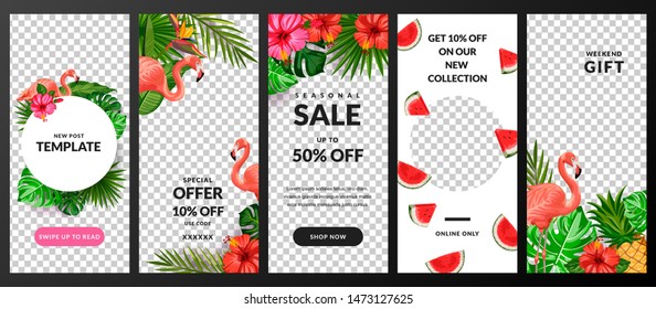 Stories, news or new post vector template for social network. Story background with tropical palm leaves and flamingo. Trendy summer design for fashion sale and special offer flyers.