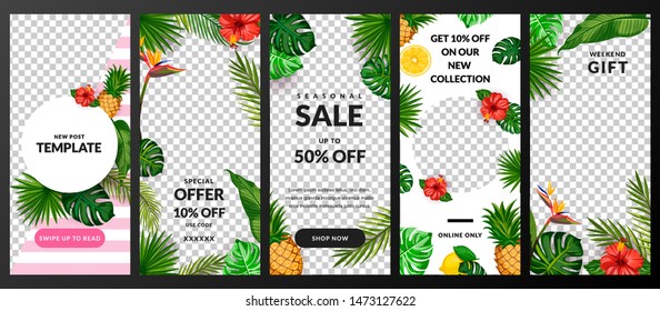 Stories, news or post vector template for social network. Story tropical background. Trendy summer design for fashion sale and special offer flyers.