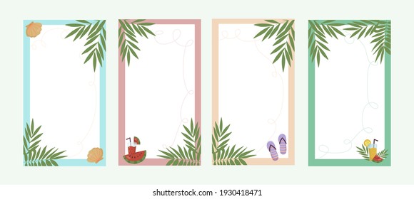 Stories on social media. Frame with tropical leaves and summer items - flip flops, fruit cocktail and sea shell. Vector invitation card, design template.