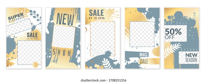 Stories. Personal blog social networks posts, trendy editable media stories, cover frame background with gold texture vector design template set