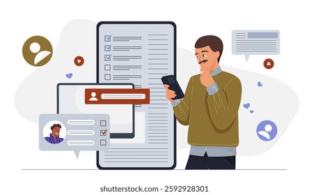 Stories poll content. Man with smartphone read questions and options. Questionnaire and poll. Popular content in social networks. Advertising on internet. Flat vector illustration