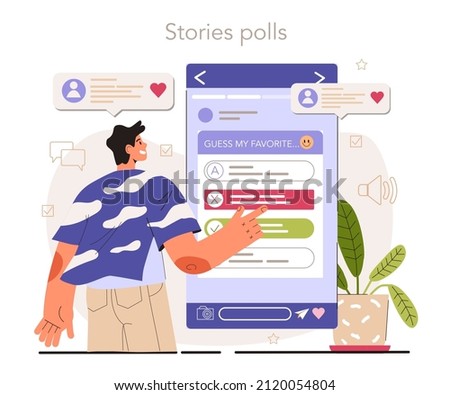 Stories polls. Content strategy development. Social media content manager guidance. How create visual content. Digital promotion technology. Flat vector illustration