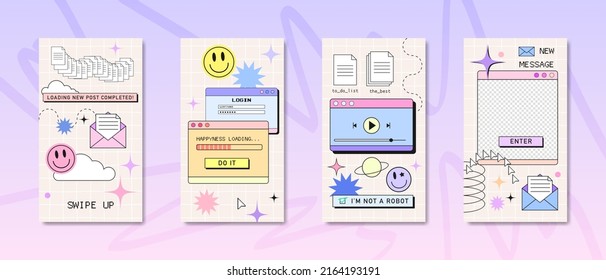 Stories or post template, retro browser computer window in 90s vaporwave with geek stickers. Y2k aesthetic background for social media, with pc message boxes, UI, UX elements. Vector illustration
