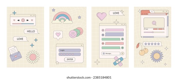 Stories or post template, retro browser computer window in 90s vaporwave with geek stickers. Y2k aesthetic background for social media, with pc message boxes, UI, UX elements. Vector illustration