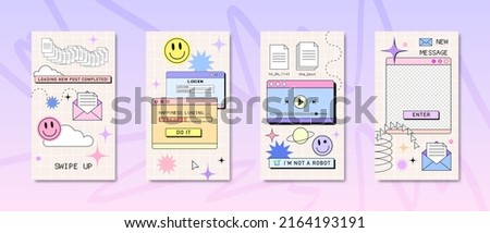 Stories or post template, retro browser computer window in 90s vaporwave with geek stickers. Y2k aesthetic background for social media, with pc message boxes, UI, UX elements. Vector illustration