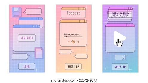 Stories Or Post Template,new Post, Podcast, New Video, Retro Browser Computer Window In 90s Vaporwave With Geek Stickers. Y2k Aesthetic Background For Social Media.