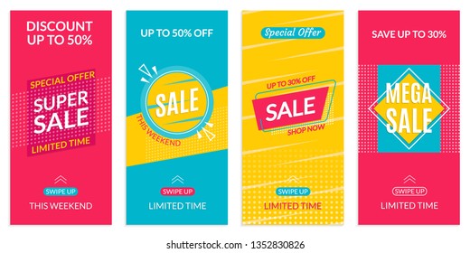 Stories Sale banner design templates. Discount Frames for Smartphone story. Social Media layout with Swipe Up button. Special offer and Price off coupon. Vector illustration.