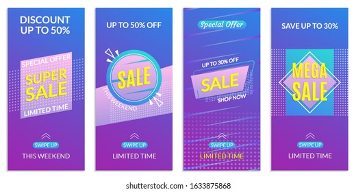 Stories Sale banner design templates. Discount Frames for Smartphone story. Social Media layout with Swipe Up button. Special offer and Price off coupon. Vector illustration.