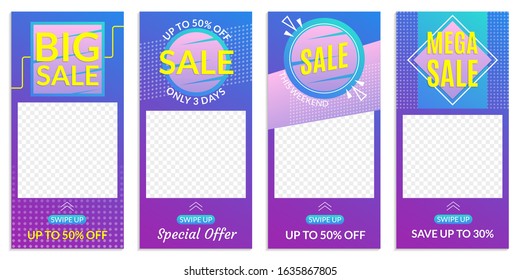 Stories Sale banner design templates. Discount Frames for Smartphone story. Social Media layout with Swipe Up button. Special offer and Price off coupon. Vector illustration.