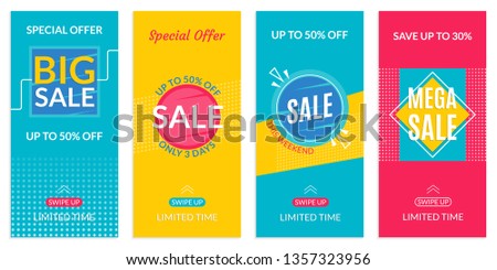 Stories Sale banner design templates. Discount Frames for Smartphone story. Social Media layout with Swipe Up button. Special offer and Price off coupon. Vector illustration.