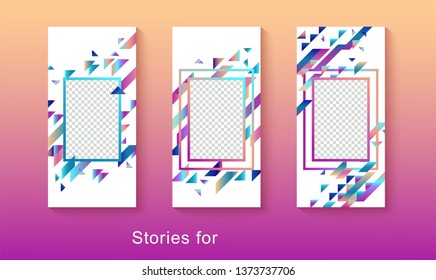 stories social media branding templates - set of three graphic mobile banners with trendy geometric layout for photo editing and ads - vector illustration