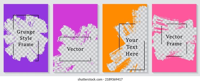 Historias de redes sociales postean una colección vectorial de plantillas en el estilo de pintura de pinceladas de pincel grueso. Plantillas de publicaciones en redes sociales violetas moradas rosadas, maquetas de publicaciones de historias con marcos para texto.