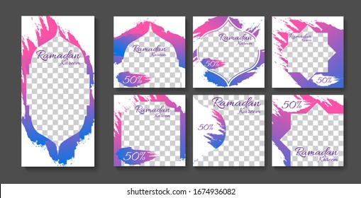 Stories and square posts set with Islamic Ramadan Mubarak design. Sale social media template banners ad. Editable vector illustration.