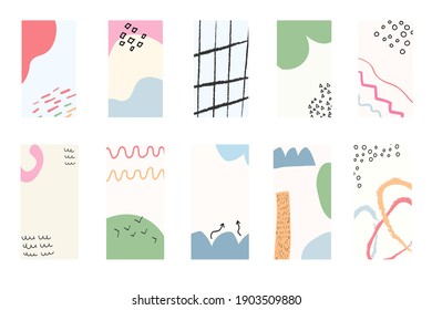 Plantilla de historias con fondo abstracto moderno. Dibujaron a mano varias formas y objetos de garabatos. Ilustraciones vectoriales contemporáneas. Diseño visual para sus redes sociales, blog personal.