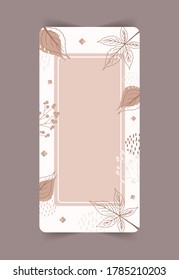 Stories template. Abstract vertical background with autumn elements, geometric shapes, plants and leaves in one line style. Mobile background. Vector minimalistic illustration.