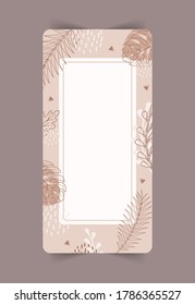 Stories template. Abstract vertical background with autumn elements, geometric shapes, plants and leaves in one line style. Mobile background. Vector minimalistic illustration.