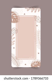 Plantilla de historias. Resumen del fondo vertical con elementos otoñales, formas geométricas, plantas y hojas en un estilo de línea. Fondo móvil. Ilustración minimalista vectorial.