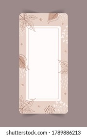 Stories template. Abstract vertical background with autumn elements, geometric shapes, plants and leaves in one line style. Mobile background. Vector minimalistic illustration.