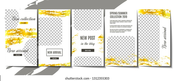 Stories template background design with gold brush marks. Stock vector