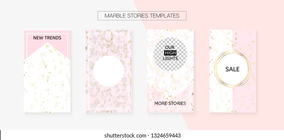 Stories Template Cool SMM Vector Layout. Social Media Blogger Cards Set. Textured Apps Design Pack. Minimal App Kit, Pink White Gold Rich VIP Geometric Marble Patterns. Stories Template VIP Layout