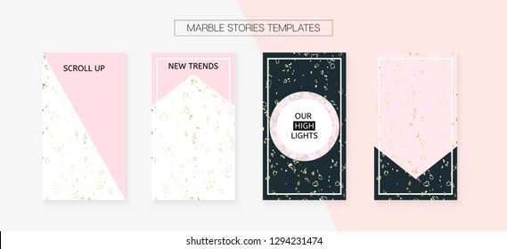 Stories Template Cool Vector Layout. Textured Mobile Design Pack. Social Media Blogger Covers Set. Simple App Kit, Pink White Gold Luxury Geometric Marble Patterns. Stories Template VIP Layout