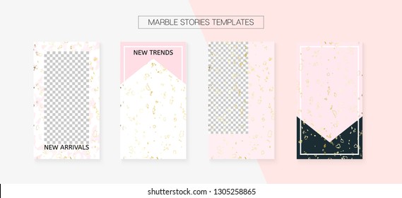 Stories Template Cool Vector Layout. Social Media Blogger Frame Set. Funky App Kit, Pink White Gold Luxury Geometric Marble Patterns. Graphic Apps Design Pack. Stories Template VIP Layout