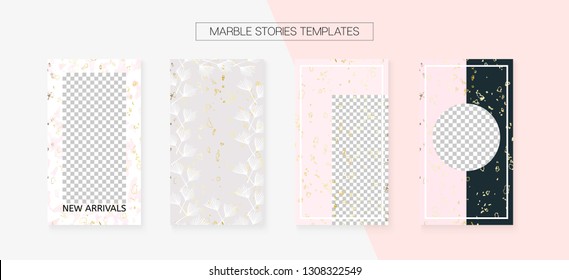 Stories Template Cool Vector Layout. Textured Apps Design Pack. Social Media Blogger Cards Set. Minimal App Kit, Pink White Gold Graphic Geometric Marble Patterns. Stories Template VIP Layout