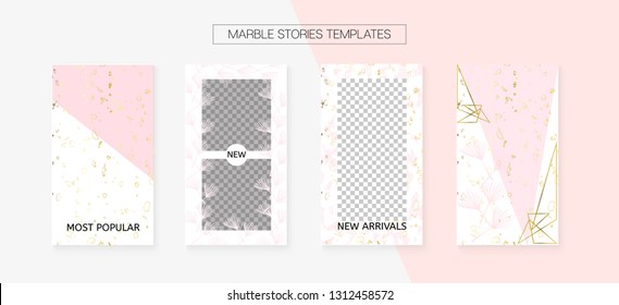 Stories Template Cool Vector Layout. Social Media Blogger Cards Set. Invitation Mobile Design Pack. Trendy App Kit, Pink White Gold Fashion Geometric Marble Patterns. Stories Template VIP Layout