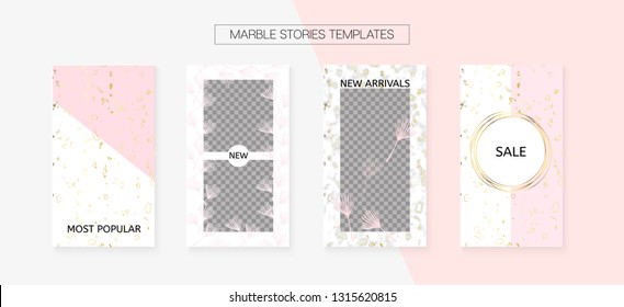 Stories Template Cool Vector Layout. Social Media Blogger Frame Set. Graphic Apps Design Pack. Modern App Kit, Pink White Gold Polygon Geometric Marble Patterns. Stories Template VIP Layout