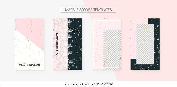 Stories Template Cool Vector Layout. Textured Advert Design Pack. Trendy App Kit, Pink White Gold Elegant Geometric Marble Patterns. Social Media Blogger Frame Set. Stories Template VIP Layout