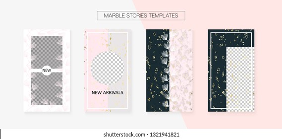 Stories Template Cool Vector Layout. Social Media Blogger Cards Set. Funky App Kit, Pink White Gold Luxury Geometric Marble Patterns. Invitation Mobile Design Pack. Stories Template VIP Layout